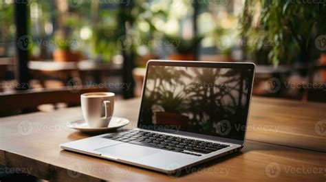 Laptop and coffee cup on wooden table in coffee shop. Generative AI ...