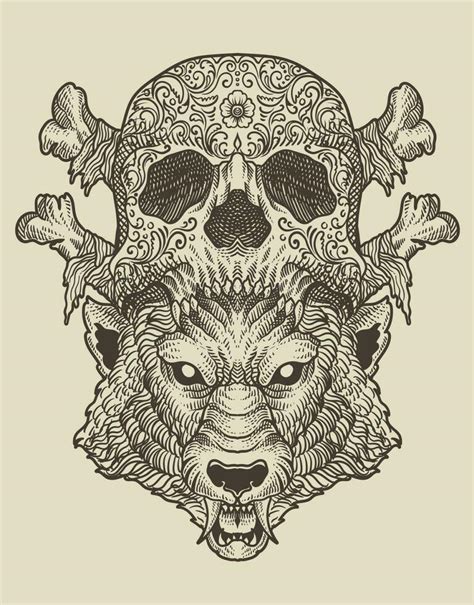 Tribal Wolf Skull Drawing