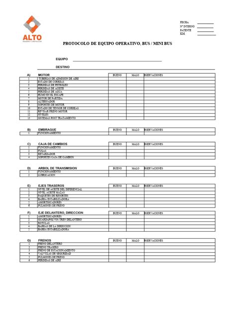 Check List Equipo Operativo Bus Mini Bus Pdf Eje Neumático