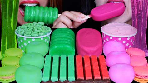 Asmr Green Vs Pink Desserts Kitkats Mochi Ice Cream Jelly Noodles