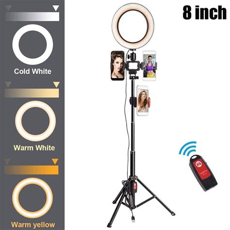 8 Led Selfie Ring Light Tripod Stand Set With 3 Phone Holders 3 Light