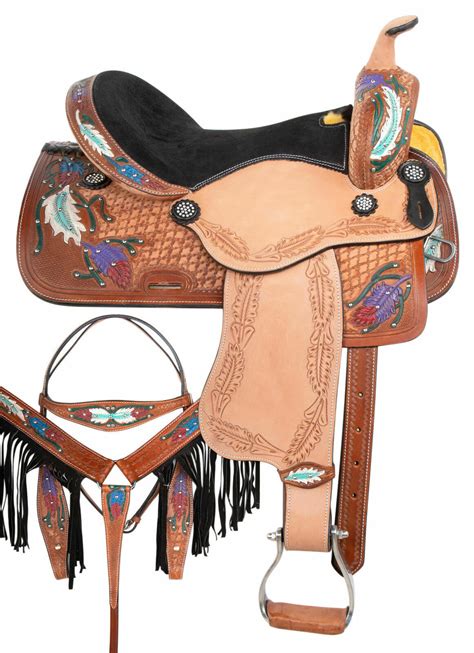 Leather Western Horse Saddle Hand Paintedleaves Tooled Handmade