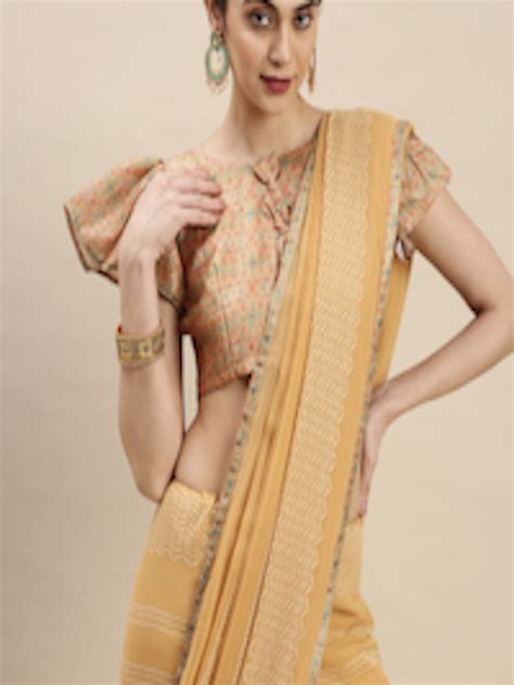 Buy Shaily Mustard Yellow Striped Pure Chiffon Saree Sarees For Women