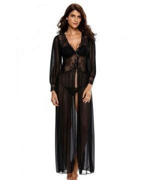 Womens Sexy Sheer Long Sleeve Gown Dress Lace Robe Lingerie Set With Thong Black CN Q C