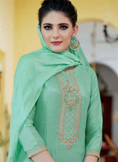 Buy Cotton Silk Sea Green Embroidered Designer Palazzo Suit Online