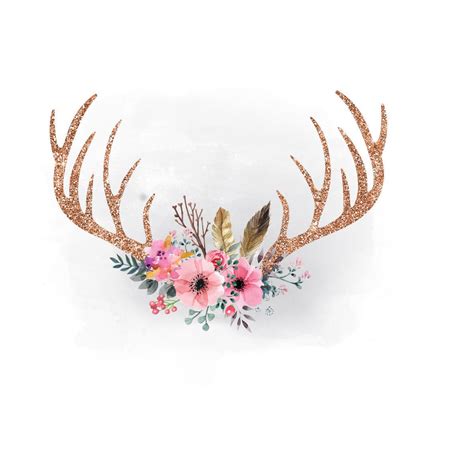 Rose Gold Glitter Floral Antlers Clipart Boho Antlers Jpeg Etsy