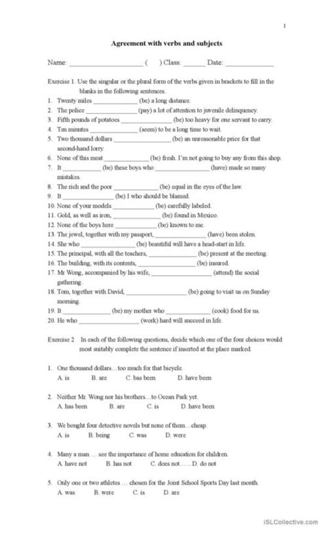 79 Subject And Verb Agreement English Esl Worksheets Pdf