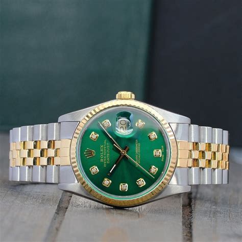 Rolex Mens Watch Datejust 18ky Gold And Steel Green Dial Fluted Bezel