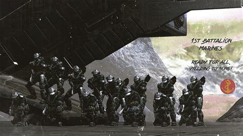 Members Of The UNSC Marine Corps 1st Battalion Posing For A Before