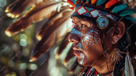 Rosto De Indio - Perfil de um homem indígena com pintura facial tradicional e penas Dia ...