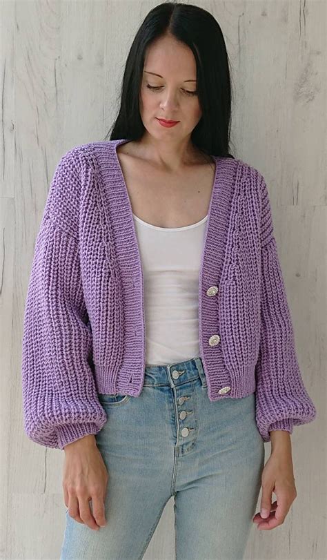 Balloon Sleeve Crop Cardigan For Women Rib Knit V Neck Chunky Etsy