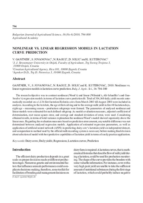 Pdf Nonlinear Vs Linear Regression Models In Lactation Curve Prediction