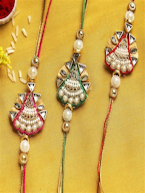 Buy Aapno Rajasthan Set Of 3 Gold Toned Red Beaded Embellished Rakhi