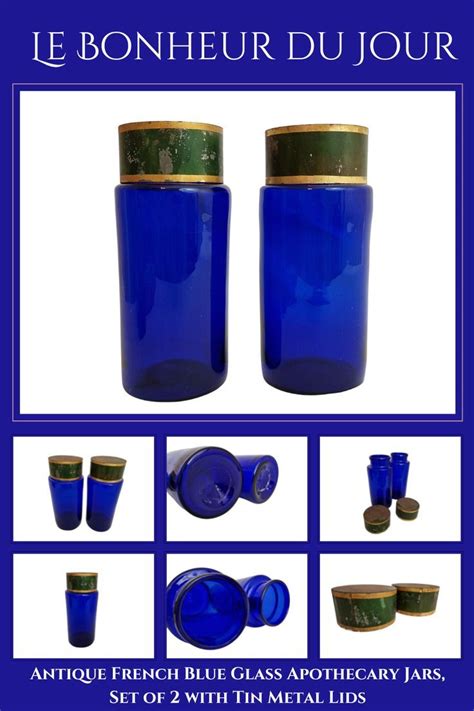 Antique French Blue Glass Apothecary Jars Set Of 2 With Tin Metal Lids