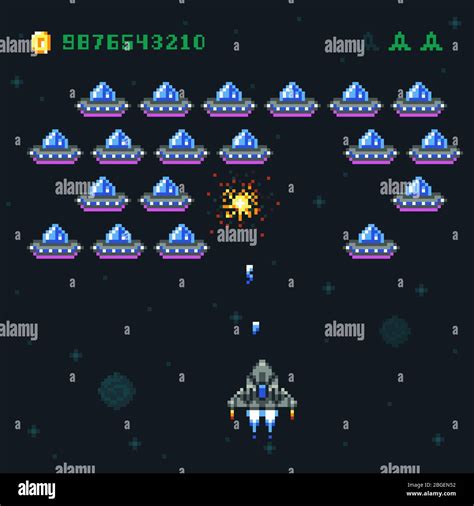 Retro Arcade Game Screen With Pixel Invaders And Spaceship Space War Computer 8 Bit Old Vector