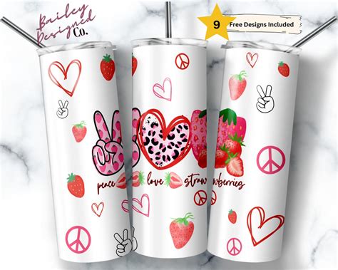 Peace Love Strawberries Oz Skinny Tumbler Sublimation Design Digital