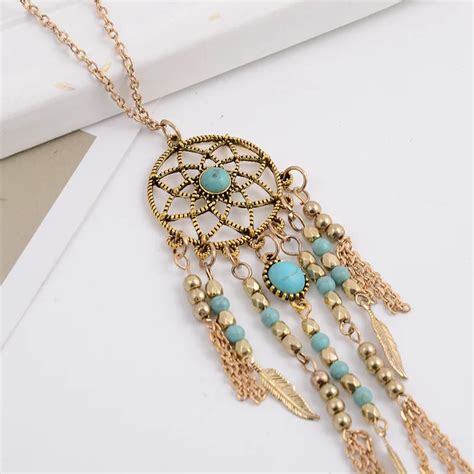 Vintage Bohemia Blue Stone Beads Chain Feather Tassel Dream Catcher