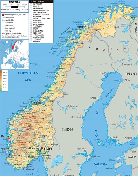 Large physical map of Norway with roads, cities and airports | Norway ...