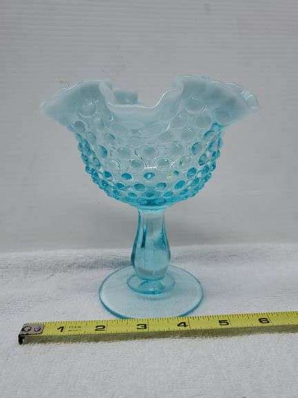 Fenton Blue Opalescent Hobnail Ruffle Dish 6 Sherwood Auctions