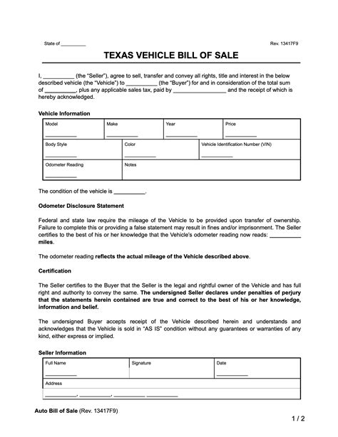 Bill Of Sale Of Vehicle In Texas