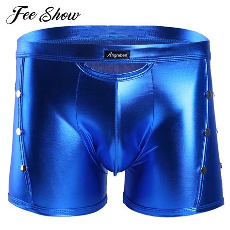 Sexy Men Lingerie Patent Leather Boxer Shorts Underwear With Rivets Detailing Gay Mens Lingerie