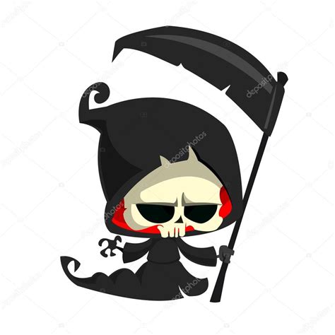 Cute Cartoon Grim Reaper With Scythe Isolated On White Cute Halloween Skeleton Death Character