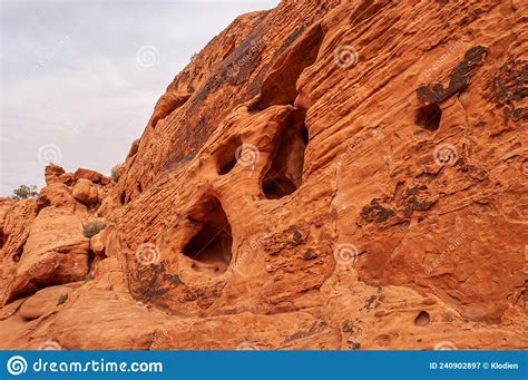 Closeup Of Caves On Red Rock Flank Valley Of Fire Nevada Usa Stock