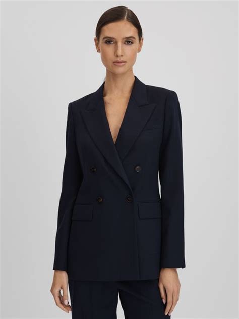 Wool Blend Double Breasted Suit Blazer In Navy Reiss