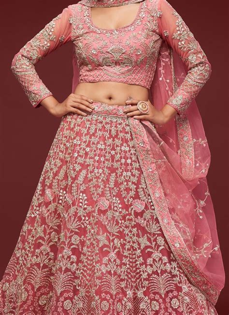 Buy Pink Net Embroidered Work Umbrella Lehenga Choli Party Wear Online