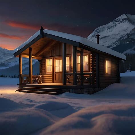 Premium Photo | An ultrarealistic cabin with warm light inside on a snow capped mountain at ...