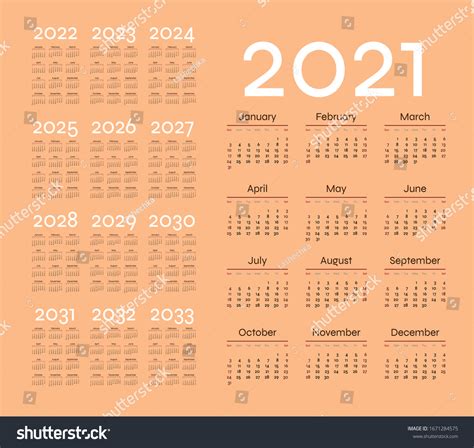 English Calendar Years 20212033 Week Starts Stock Vector Royalty Free