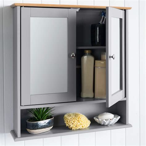 Christow Mirrored Bathroom Cabinet Wall Mounted Grey And Bamboo Wooden Bathroom Mirror Storage