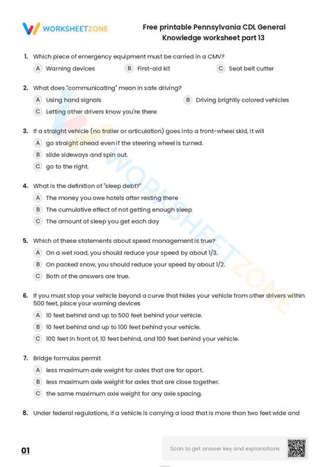 Free Printable Pennsylvania Cdl General Knowledge Worksheet Part