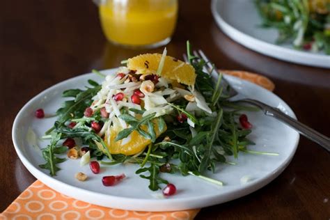 Orange Fennel Arugula Salad With Pomegranates And Candied Hazelnuts