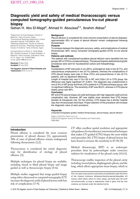 Pdf Diagnostic Yield And Safety Of Medical Thoracoscopic Versus Ct