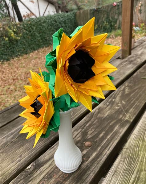 Origami Sunflowers In A White Vase Etsy