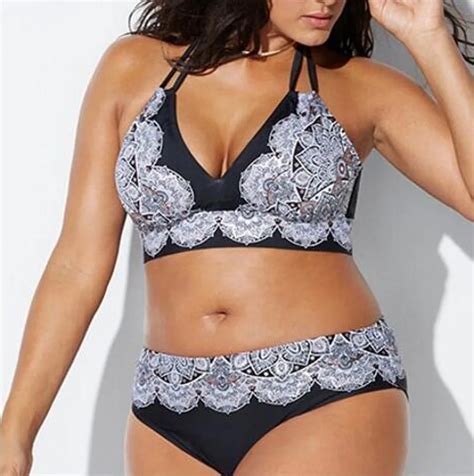 Women Plus Size Bandage Bikini Set Lace Flower Printing Padded Bra