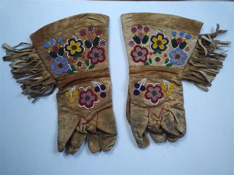 Native North American Beaded Leather Gauntlet Gloves Fringe Leather