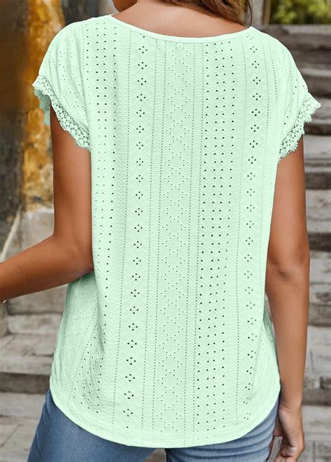 ROTITA Lace Mint Green V Neck T Shirt Rotita USD 27 98