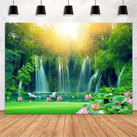 Buy Waterfall Backdrop FHZON 5x3ft Green Plants Lake Lotus Mountain ...