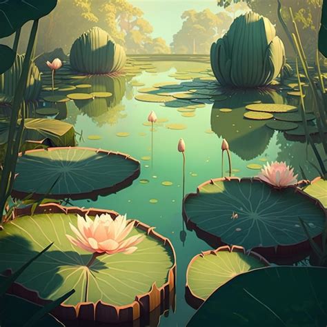 Premium AI Image There Is A Painting Of A Pond With Water Lillies And