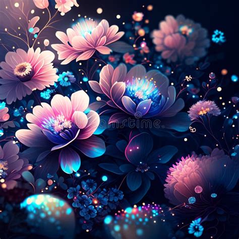 D Illustration Of Fantasy Flowers With Bokeh Effect On Dark Background