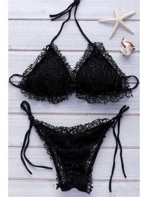 Lace Halter Bikini Set BLACK Bikinis S ZAFUL