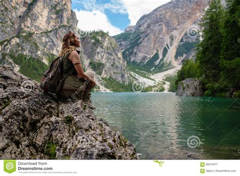 Beautiful Woman Hiker Near Wild Mountain Lake Stock Image Image Of