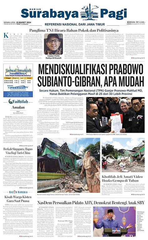 SURABAYA PAGI Edisi Senin 25 Maret 2024 SURABAYA PAGI Arsip Cover Koran