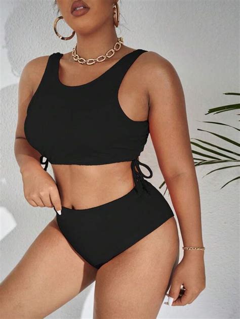 Plus Plain Rib Bikini Swimsuit With Beach Skirt Shein Usa