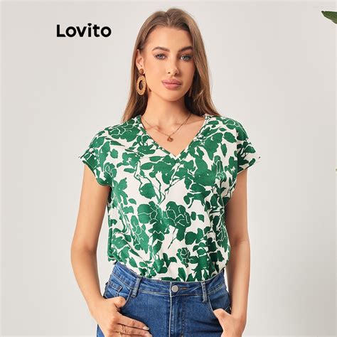 Lovito Blusa Casual Tropical B Sica Para Mulheres Lbl Verde