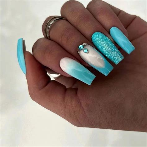 24pcs Press On Nails Long Coffin Fake Nails Cyan False