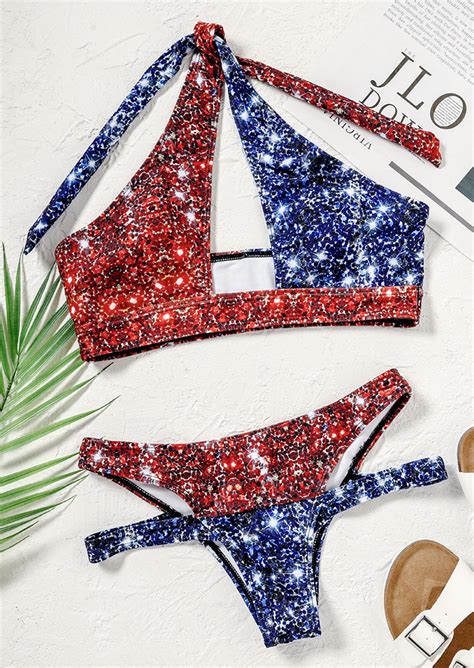 American Flag Glitter Halter Hollow Out Bikini Set Bellelily