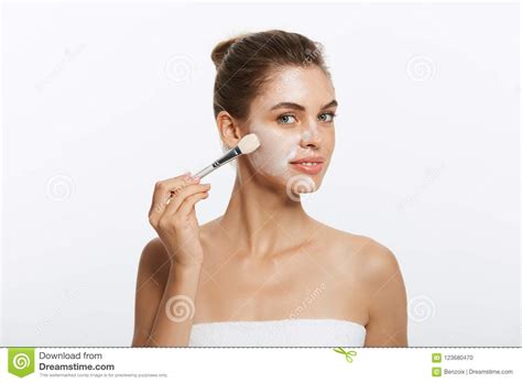 Portrait Beautiful Naked Woman Apply Cosmetic White Clay Mask On With